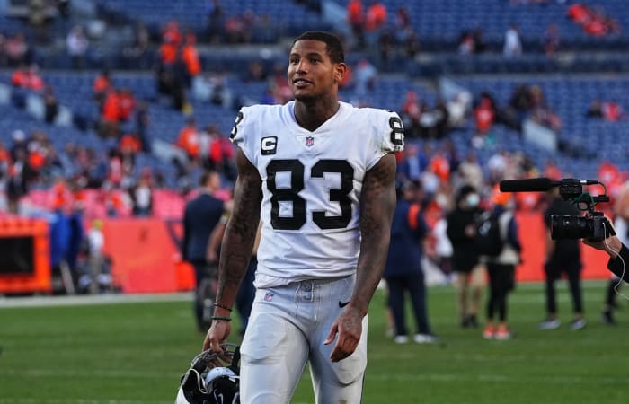 Oct 17, 2021; Denver, Colorado, USA; Las Vegas Raiders tight end Darren Waller (83) celebrates defeating the Denver Broncos at Empower Field at Mile High. Mandatory Credit: Ron Chenoy-USA TODAY Sports